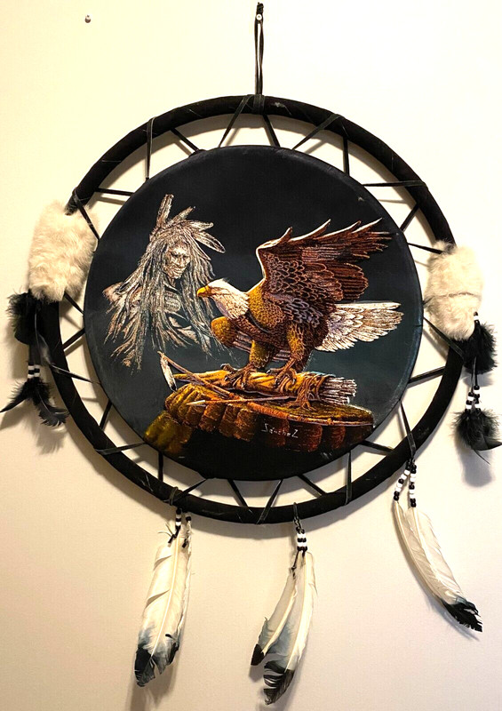 Native American Indian Chief Spirit Eagle Black Velvet Painting Signed Sanchez