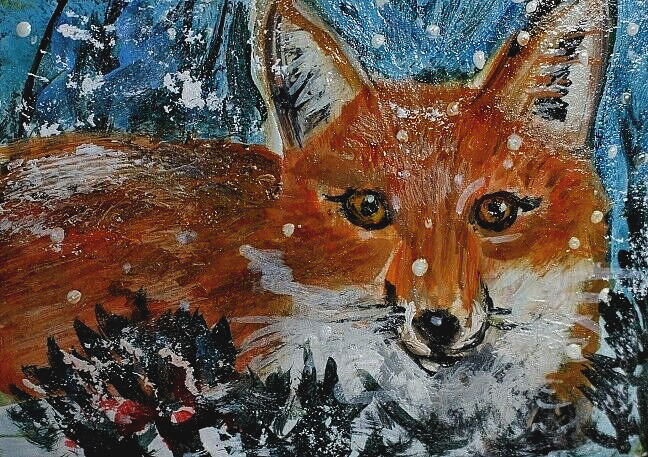 ORIGINAL ACEO Red FOX Painting Winter Snow Wild Animal Nature Landscape ATC ART