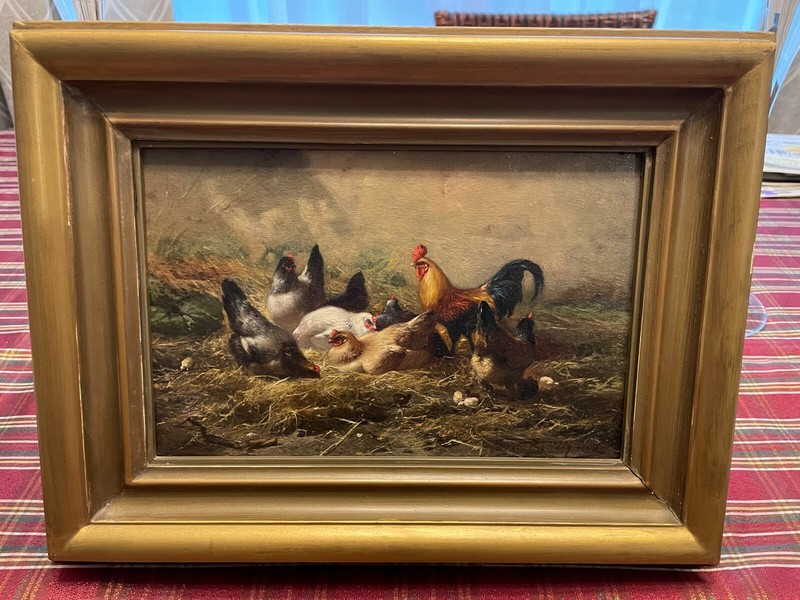 Rooster & Hens Antique Belgian Landscape Farmyard Painting by Eugene Remy Maes