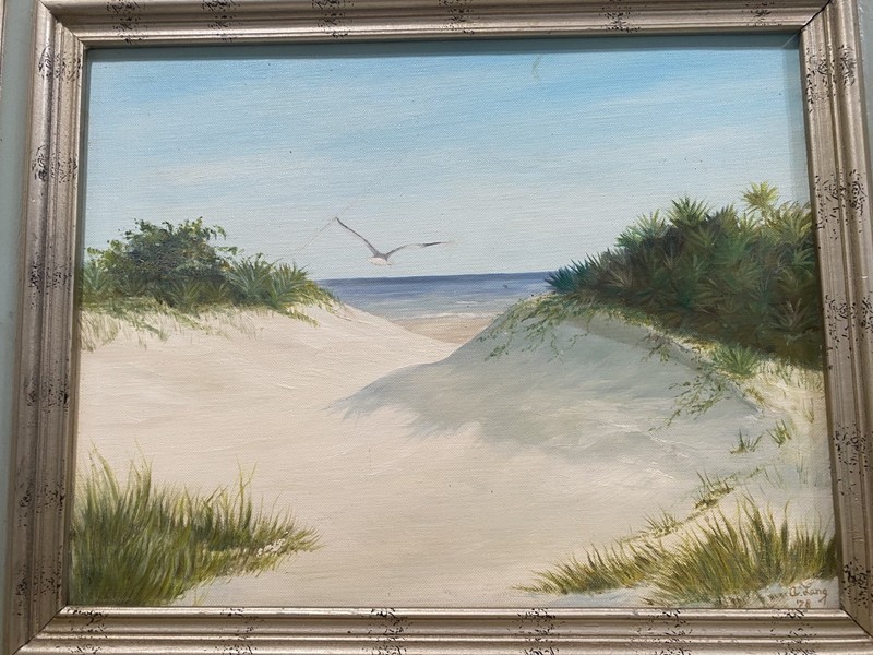 A LANG '78 SEASIDE OCEAN LANDSCAPE SEAGULL SIGNED MATTED 17.75"x13.7" WOOD FRAME gallery