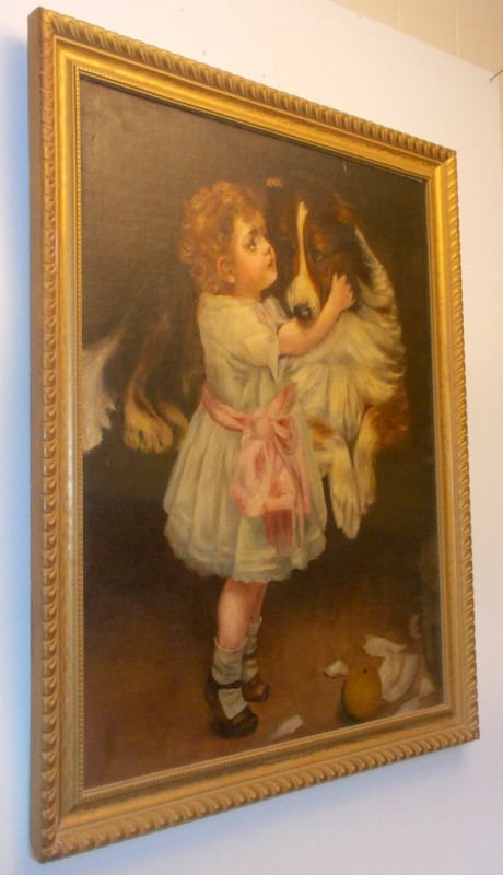 Antique Oil PAINTING Victorian Edwardian GIRL with COLLIE DOG gallery