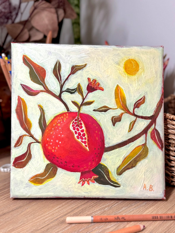 Original Painting Pomegranate Floral Vintage Cottagecore Acrylic on Canvas 8×8