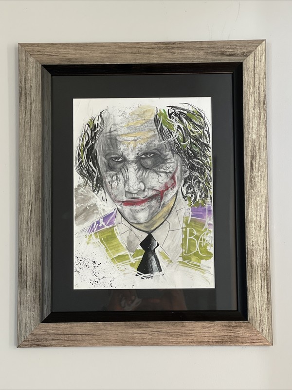 Heath Ledger Joker Hand Drawn Portrait Signed Dark Knight Mixed Media on Paper