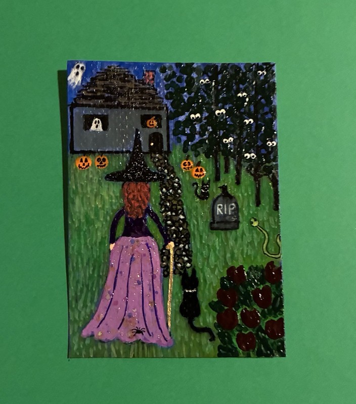 ACEO Original Acrylic Halloween Painting 2.5 X 3.5” ~ Witch & The Eyeball Woods
