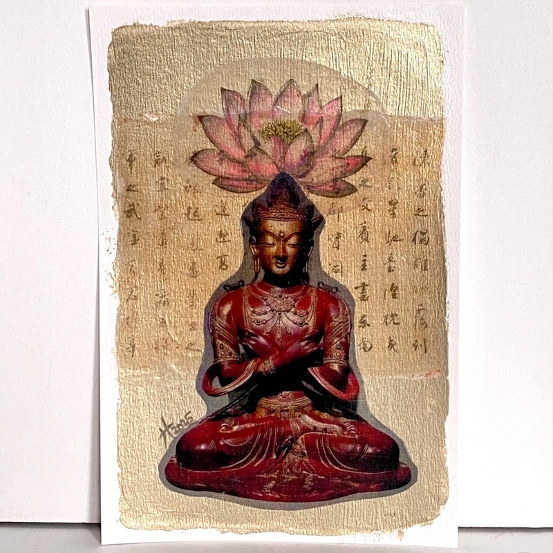 Lotus Pose Original Asian Buddha Lotus Image Transfer Collage Painting 11x14in
