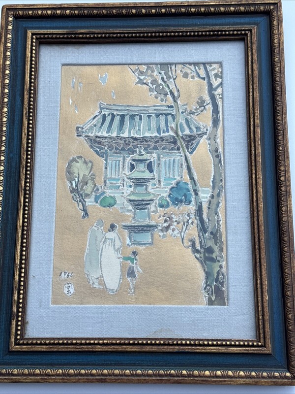 VINTAGE PAINTING TEMPLE ILLUSTRATION STYLE MODERNIST MYSTERY SIGNED 1966 gallery