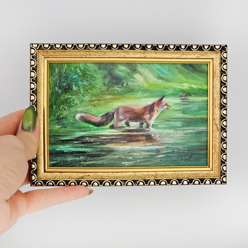 Original Oil Painting Fox Drinking Water Forest Scene 4x6 Framed Wildlife Art gallery