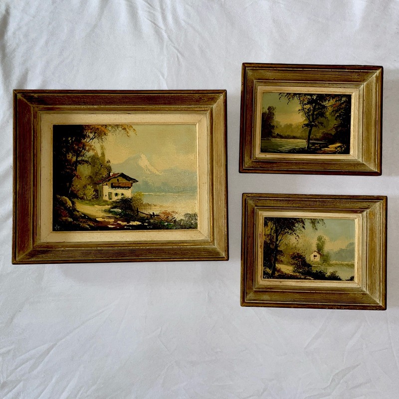 1960’s 3 Original Oil Paintings French Cottages By The Lake At Fall By Vernon
