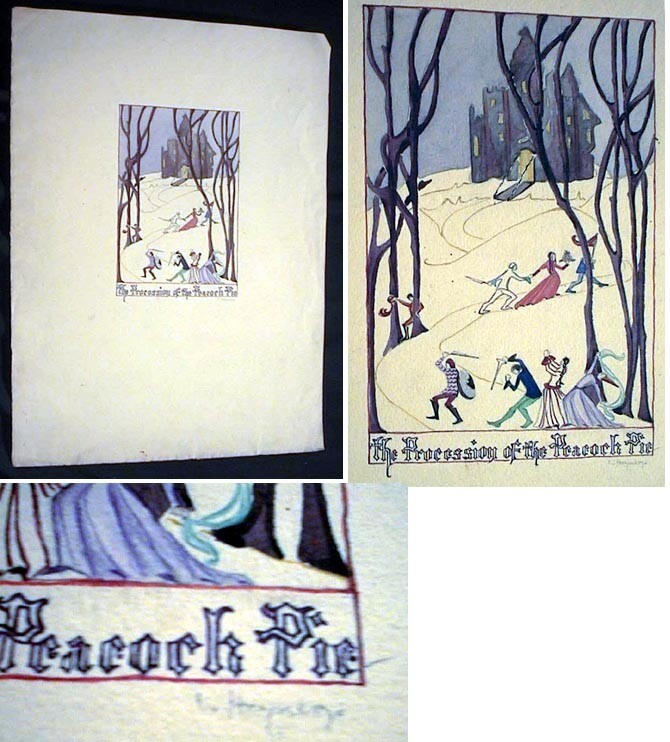 CIRCA 1950 ORIGINAL WATERCOLOR + ART PROCESSION OF THE PEACOCK PIE