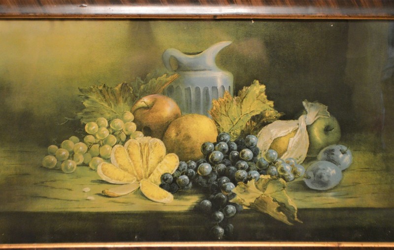 Victorian Table of Fruit & Pitcher LItho Print, Faux Tiger Wood Frame Wavy Glass gallery