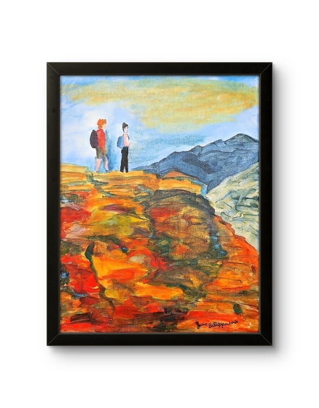 Hikers on Cliff Vibrant Contemporary 14X11 Signed Colorful Original Art Canvas