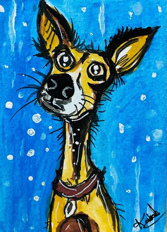 ACEO Original Whimsical Dog Portrait Acrylic Painting Blue Background Cute Art