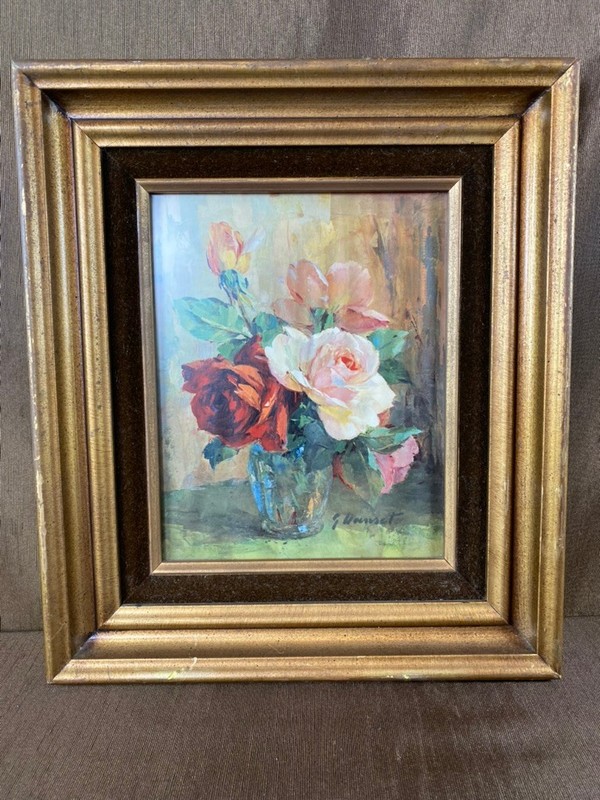 Vintage Georges Danset Signed Floral Oil Painting Roses Still Life Wood Gold Fra