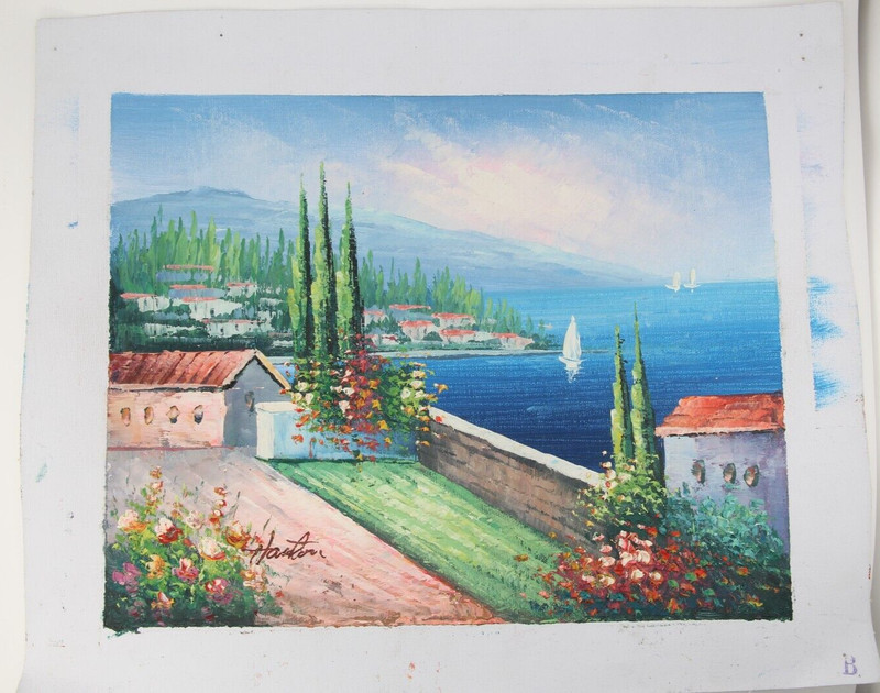 Mediterranean Villa House By See with Beautiful Garden, Oil on Canvas, Signed gallery