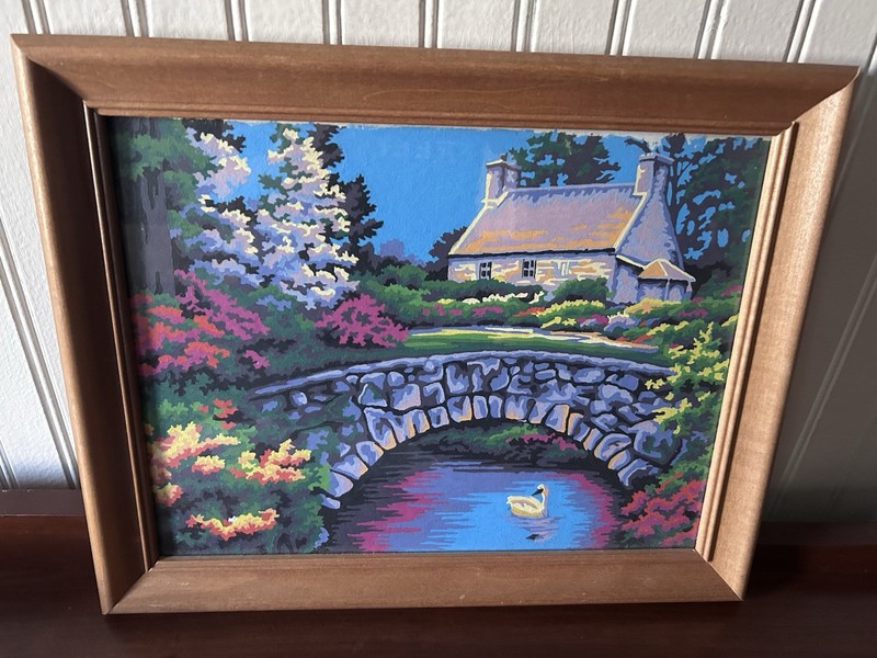 Vintage Craft Master Swan Lake Paint By Numbers Cottage Swan Framed Colorful gallery