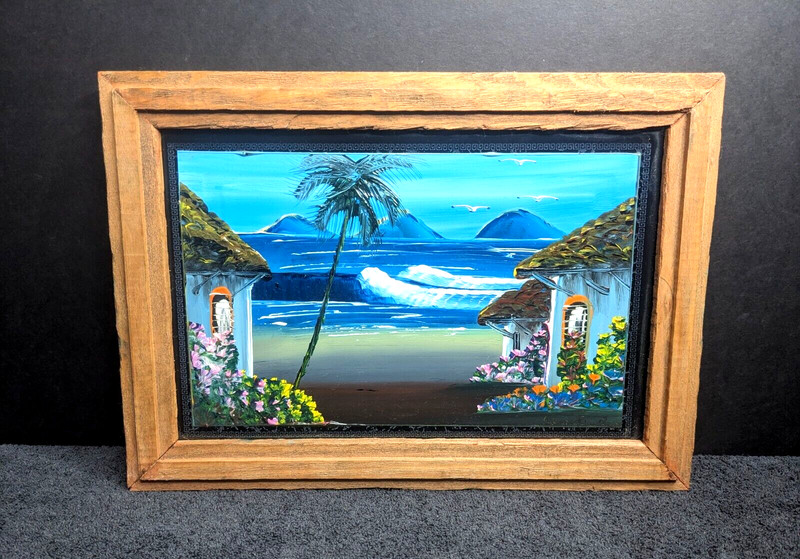 Beachside Village FRAMED Hand Painted Oil on Terracotta Tile  14” x 10″