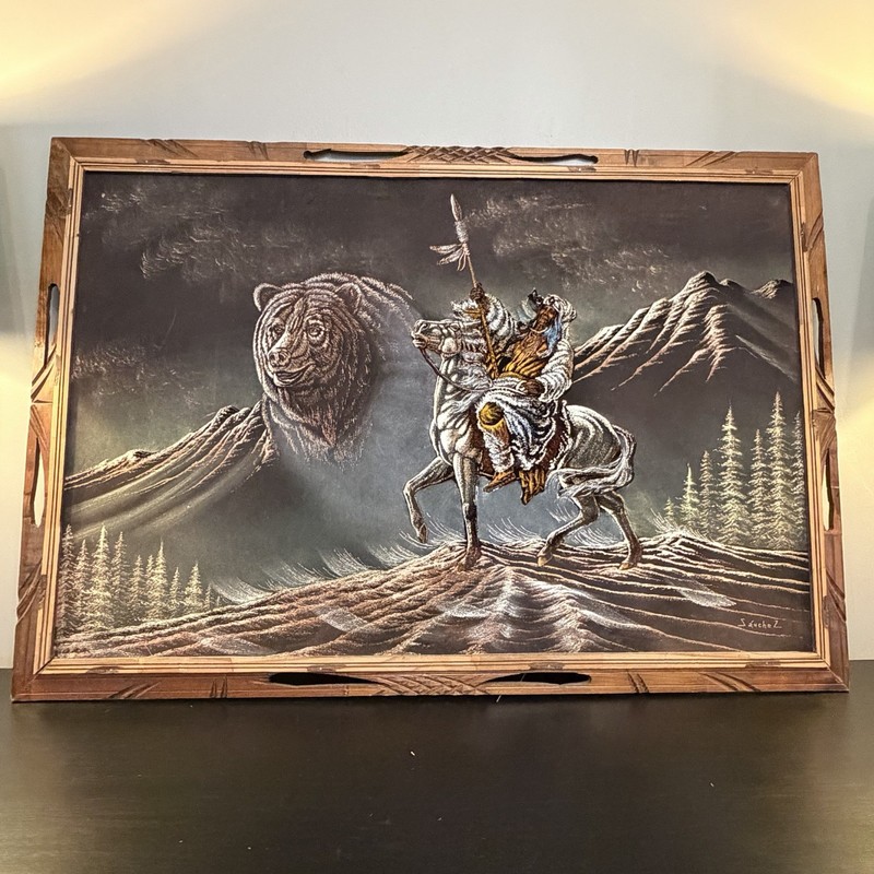 Vintage Sanchez Black Velvet Native American Horse Spirit Bear Painting 27×39