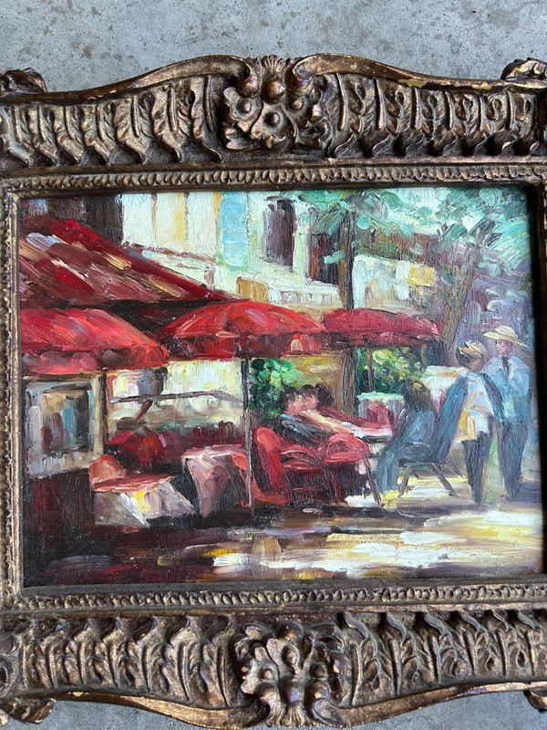 Vintage Oil Painting Reproduction Café Street Scene Impasto Ornate Gold Framed