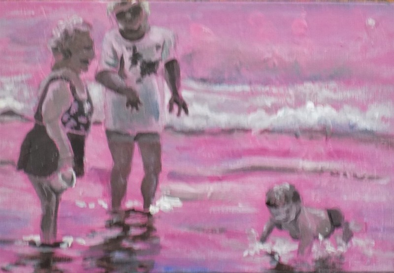 art signed grandmothers and baby on beach ocean landscape expressive