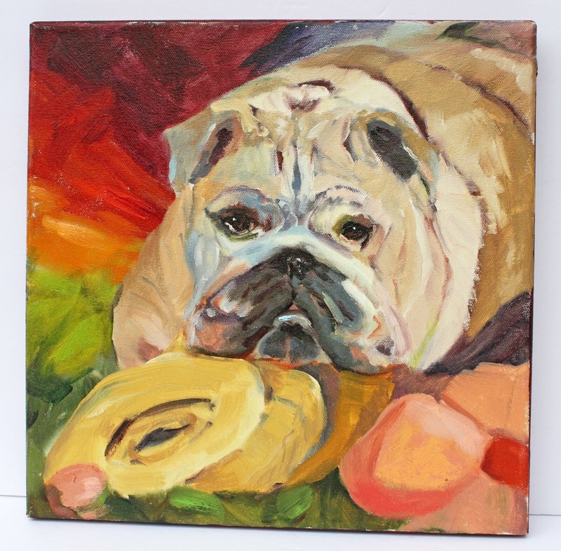 BETH GANDY “Bulldog Portrait” Painting – Oil on Canvas 12 x 12 inch – SO CUTE