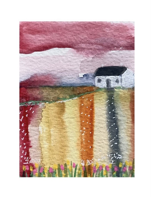 ACEO Painting By Kenna Art Cottage Fields 2.5” X 3.5” Signed Original ÀTC
