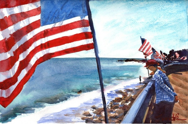 Flags on the Promenade : Signed LE Art Print : Sandra Watercolors™ California