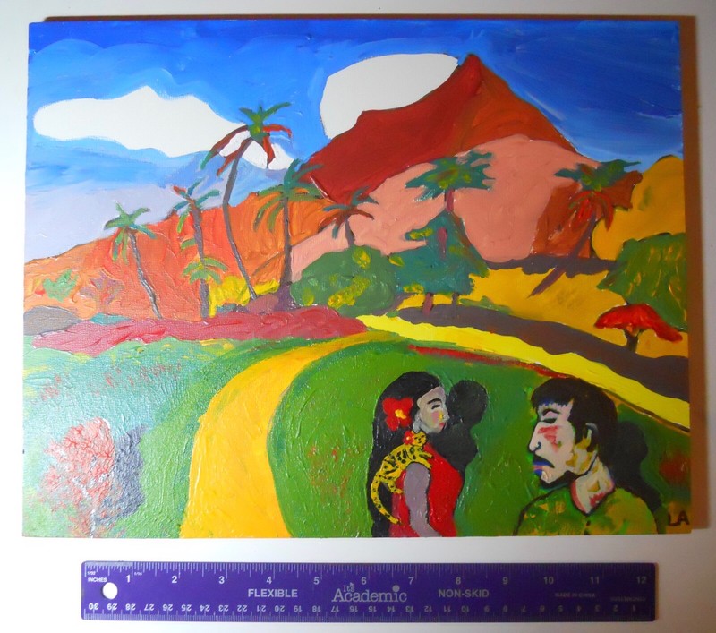 A vivid acrylic, imagined, painting of Paul Gauguin, his cat & a Tahiti woman.