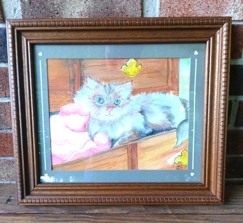Cat Paintings Original Framed One Of A Kind Excellent Picture 14.5L×12.5H*1.0W