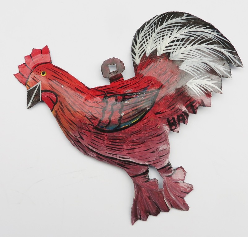 ORIGINAL HANDMADE STEEL BEATEN ANIMAL ROOSTER FLAT HANGING PAINTED WALL DECOR