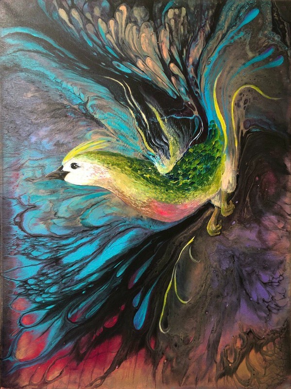 Bluebird of Fortune Original acrylic pour painting on canvas Fluid art 24×18″
