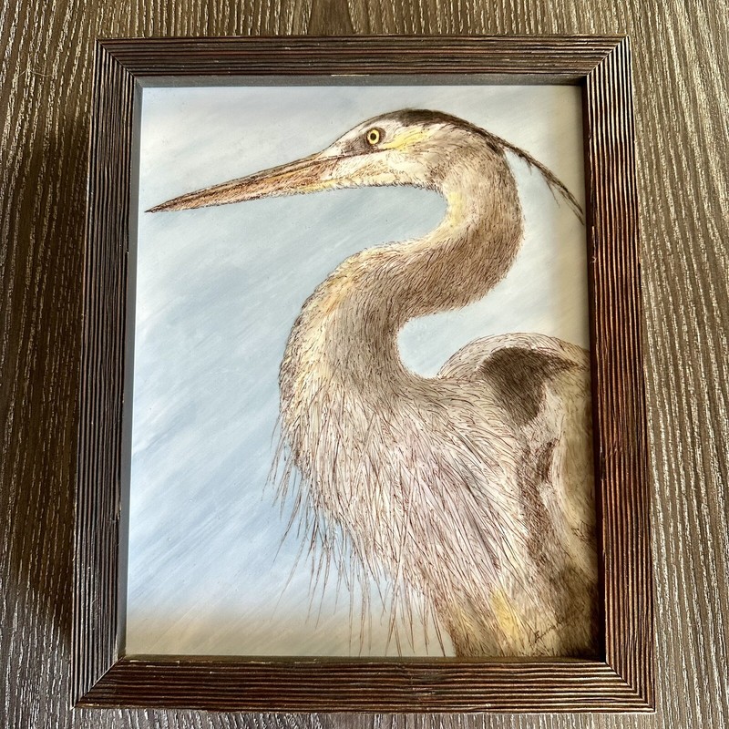 Hand Painted Glass Tile Heron Bird Beach Nautical Intricate Signed Wall Art