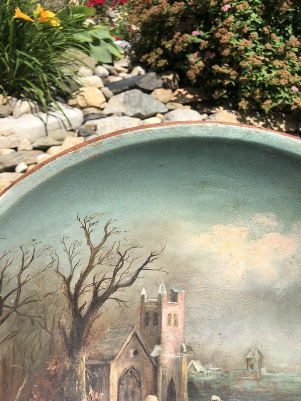 Antique 19th Century Church Cathedral Handmade Oil Painting on Turned Wood Bowl gallery