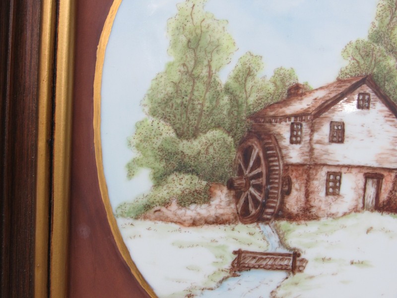 Landscape Oil Painting on Milk Glass MILL CREEK TREE Wood Brass Frame Vtg SIGNED gallery