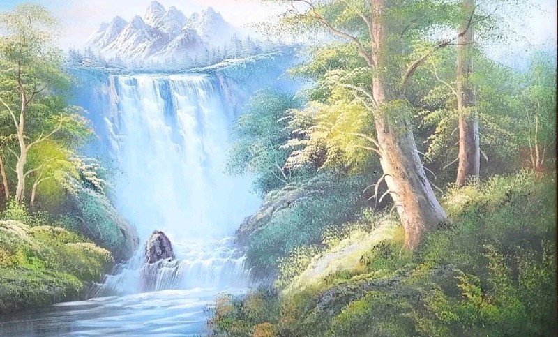 24x36 Oil Painting BOB ROSS STYLE Mountain Waterfall Forest on Stretched Canvas gallery