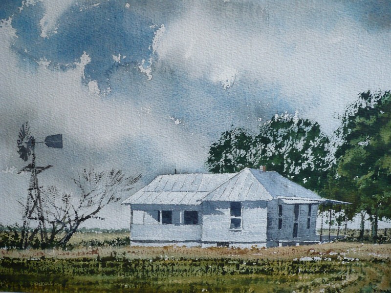ROBERT GARTLAND, LISTED OKLAHOMA WATERCOLOR SIGNED LANDSCAPE FARM HOUSE RURAL OK gallery