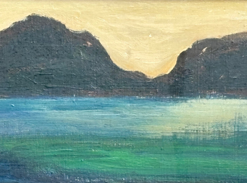 Water Reflections Below a Mountain Range Oil Painting-C. 950s-Maxim Bugzester gallery