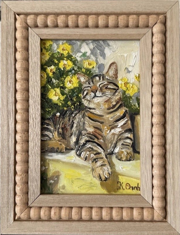 ORIGINAL OIL PAINTING TABBY CAT SUNBATHING SIGNED FRAMED 4×6