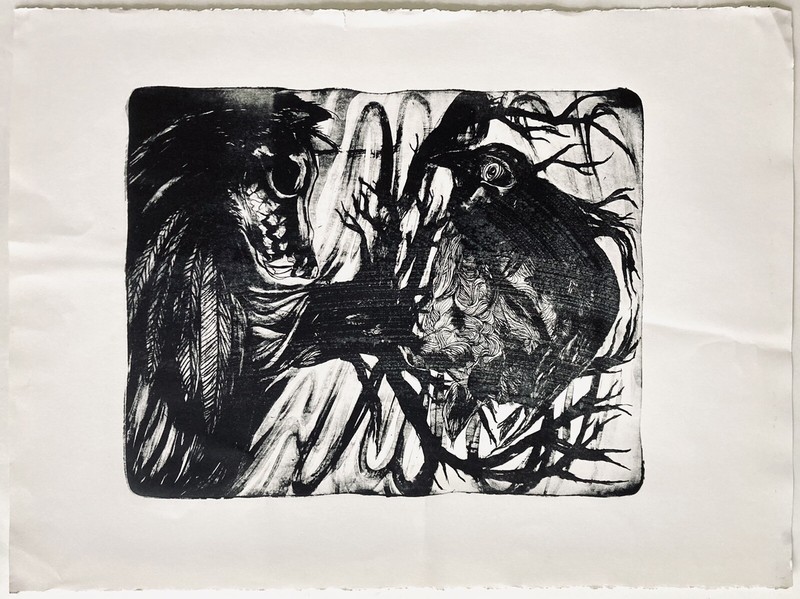 Dramatic Animal Intaglio Surreal Wolf Bird Confrontation 30” Print Graffiti Art
