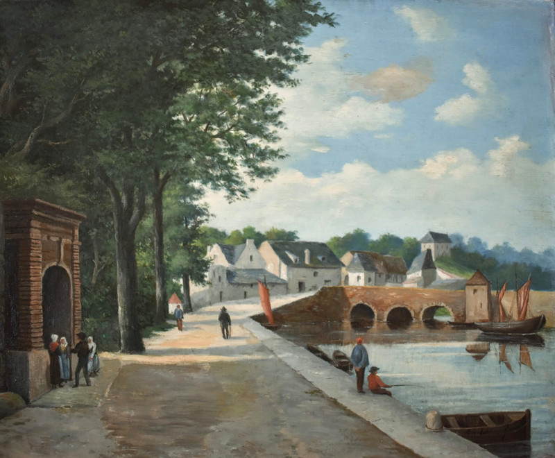 19th Century French Oil Painting Riverside Village Bridge Signed Barbizon Style