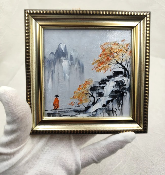 Original Oil Painting 4x4 in Framed Signed Abstract Japanese Landscape Impasto gallery