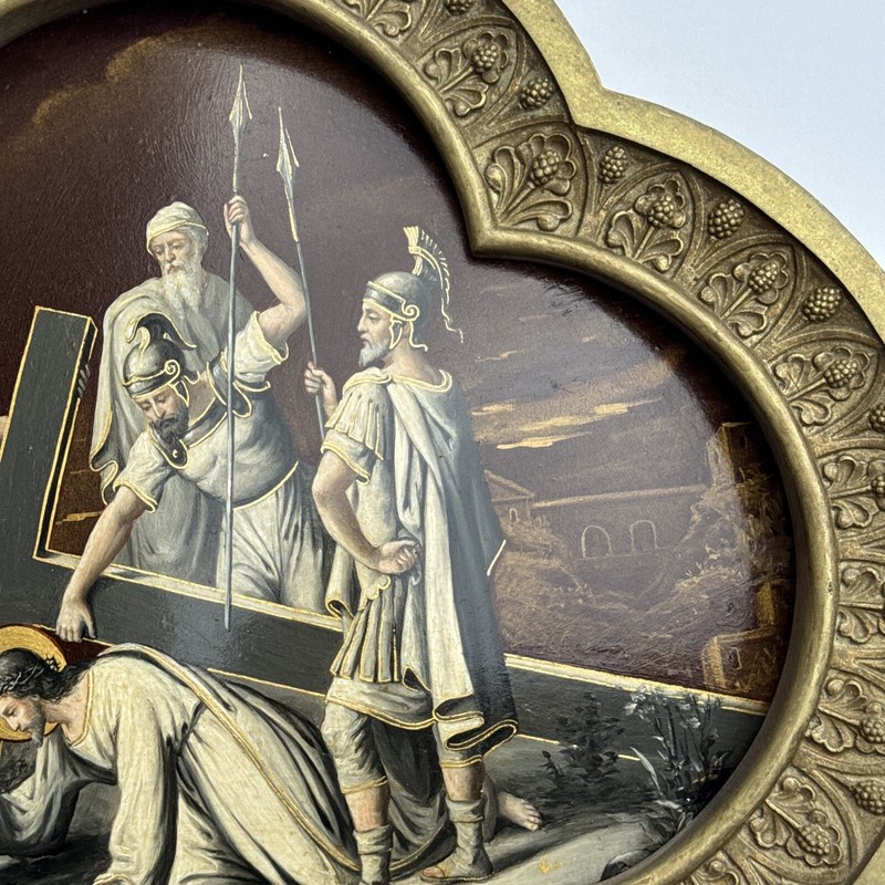 ANTIQUE OLD MASTER PAINTING PORTRAIT Icon Station Of The Cross Religious Metal gallery