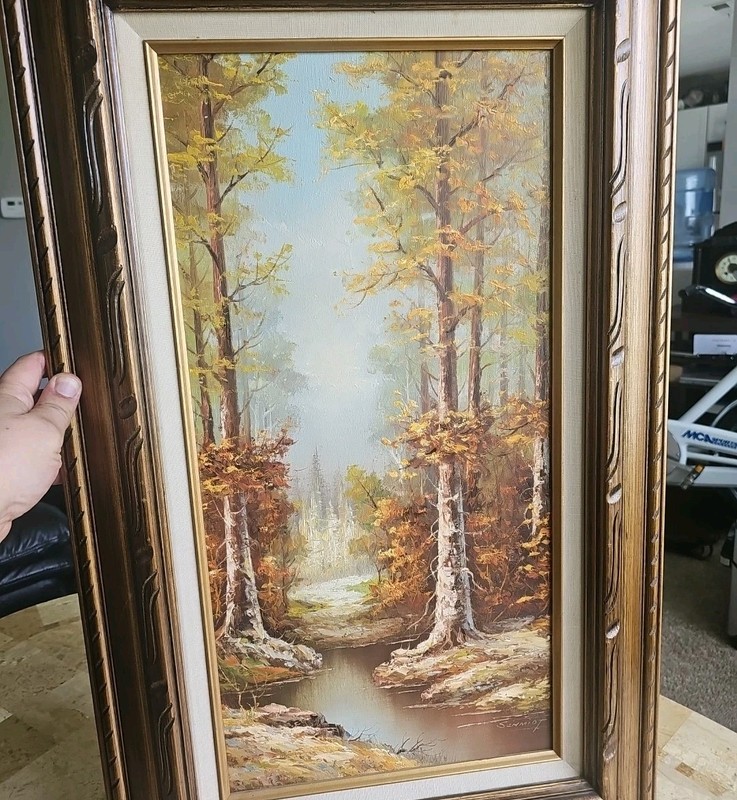 Vintage Framed Original Canvas Oil Painting Fall River Scene 31″×19″ With Frame