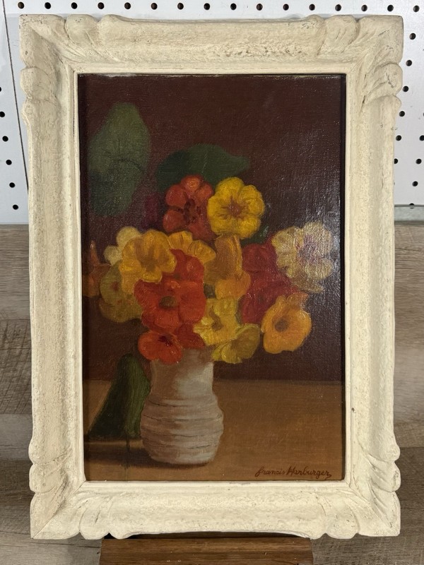 1930s Francis Harburger French Floral Still Life Oil On Canvas Nasturtiums
