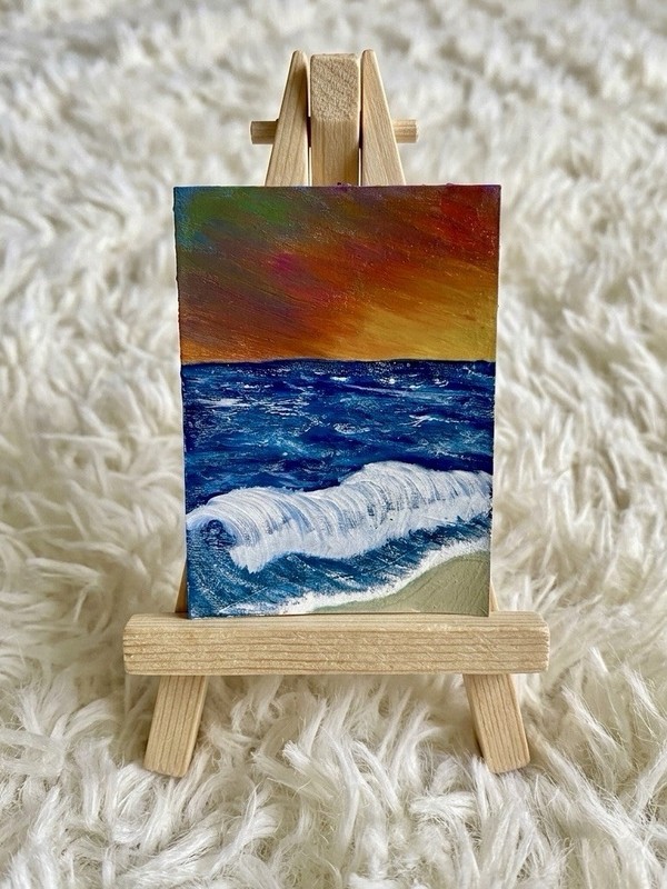 ACEO Original Textured Ocean Sunset Wave Acrylic Seascape Painting - Art Card gallery