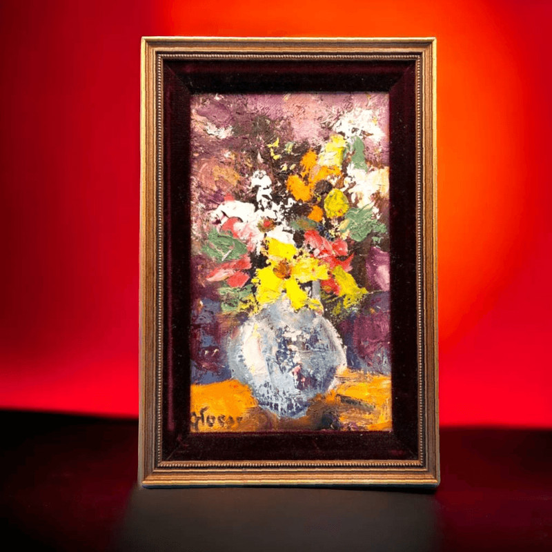Abstract Floral Oil Painting Artist Signed Velvet Matt Framed MCM Style Art