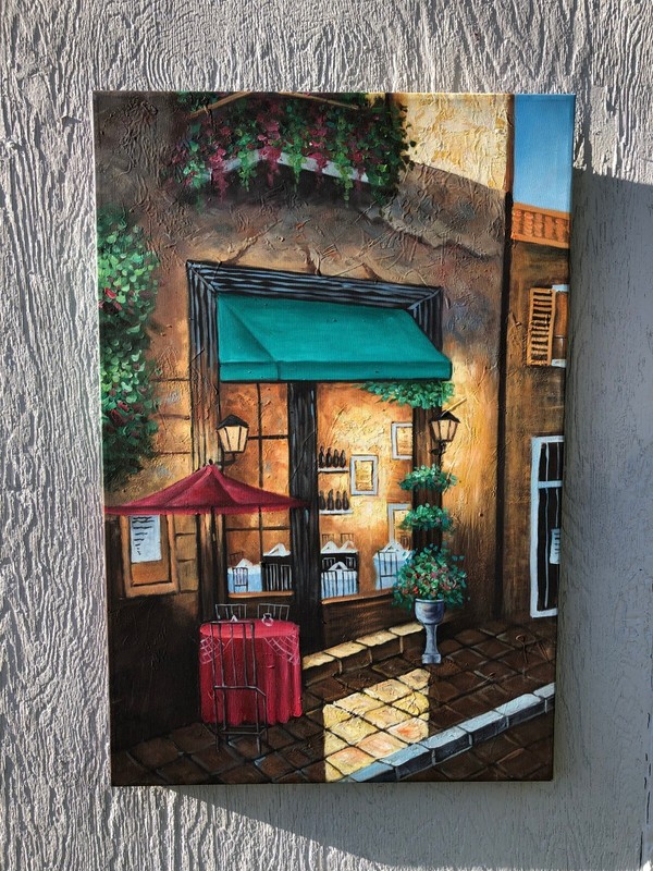 French Cafe, Elegant Street Scene, Original Oil Painting (#2), Canvas 24" x 36"