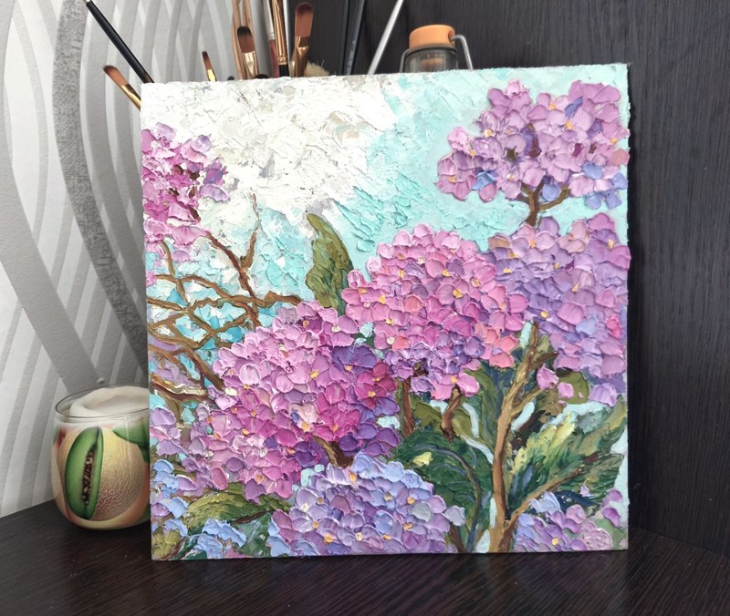 Flowers Original Oil Painting on Panel 10x10in Hydrangea Impasto Art Signed gallery