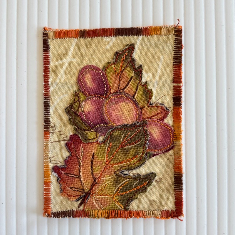 ACEO Original Art Quilt Embroidery Grapes Autumn Leaves