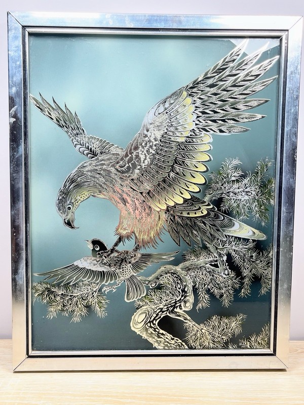 Vintage Korean Etched Glass Art Eagle & Small Bird Scene 15×11.5 Framed Mirror