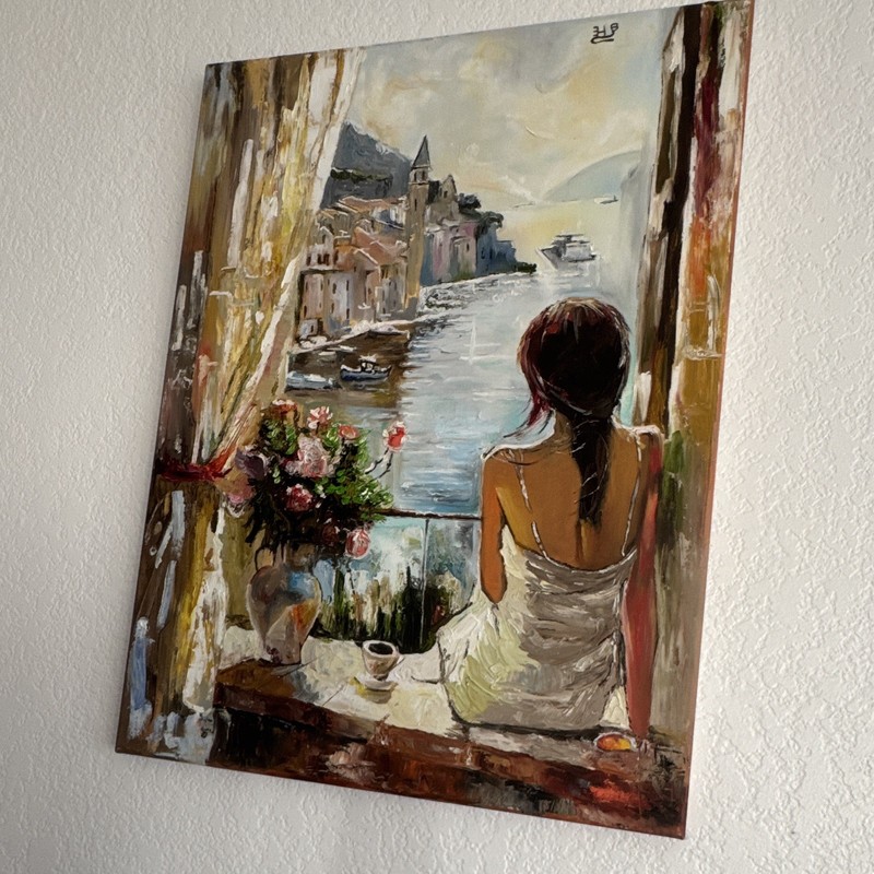 Framed Impressionist Seascape Painting - Woman Overlooking Harbor Coastal Town gallery